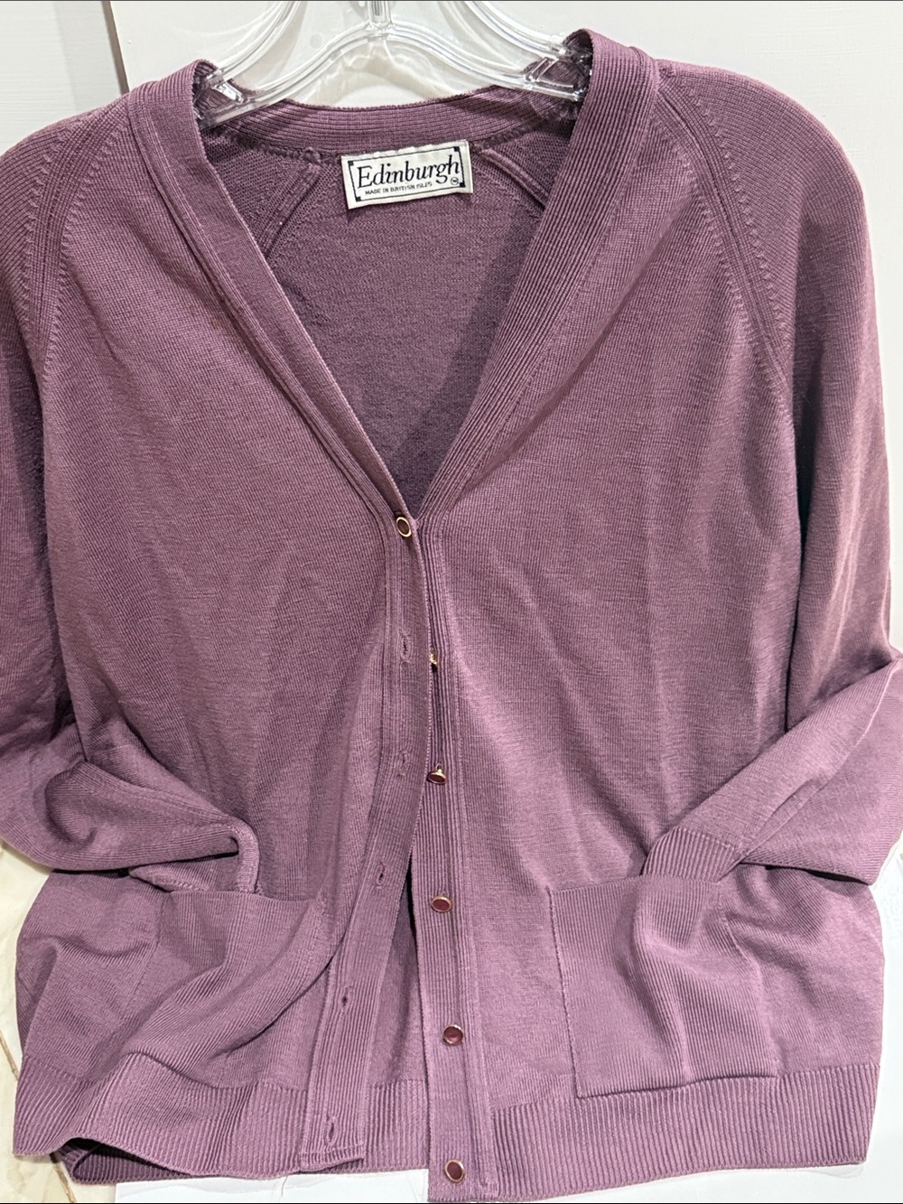 Edinburgh Plum V-Neck Button Cardigan wool Sweater will fit XL